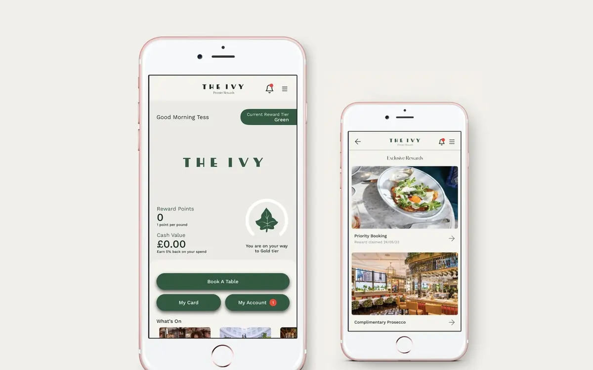 The Ivy Premier Rewards loyalty app built by TheLoyaltyCo for The Ivy Collection, Caprice Holdings